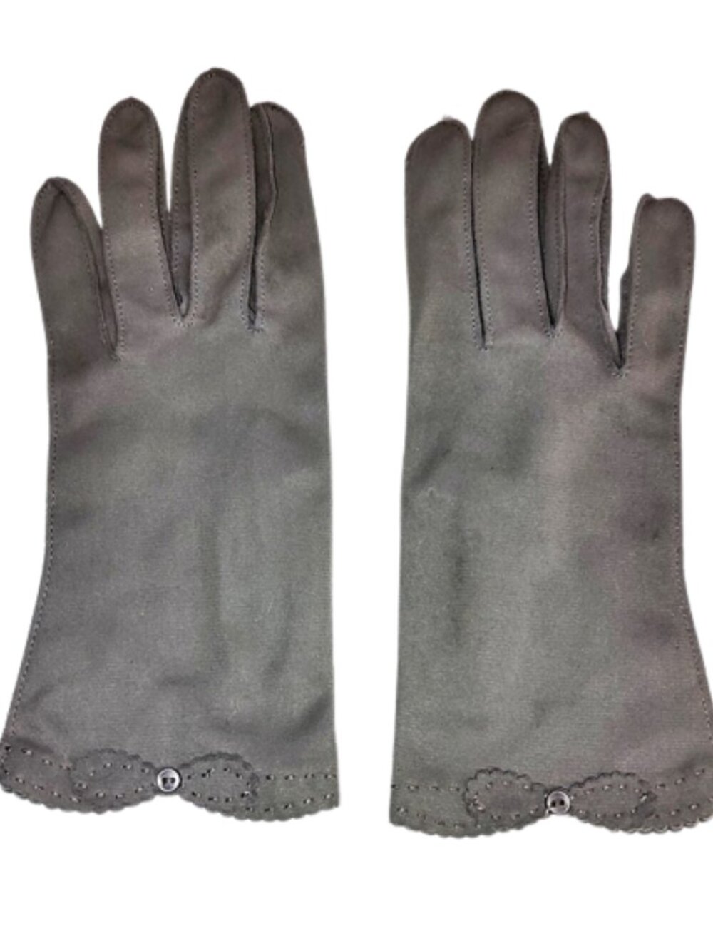 1950s True Vintage Dark Grey Short Fabric Gloves With Bows And Button Trim Sz 7